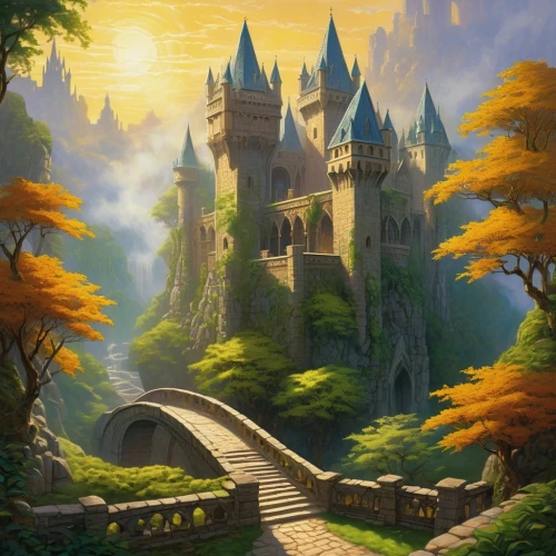 fairy tale castle,fairytale castle,fantasy landscape,fantasy picture,nargothrond,rivendell,hogwarts,gondolin,knight's castle,diagon,gold castle,castle of the corvin,citadels,fairy tale,castlelike,fantasy world,fantasy city,riftwar,3d fantasy,cartoon video game background,Illustration,Retro,Retro 07