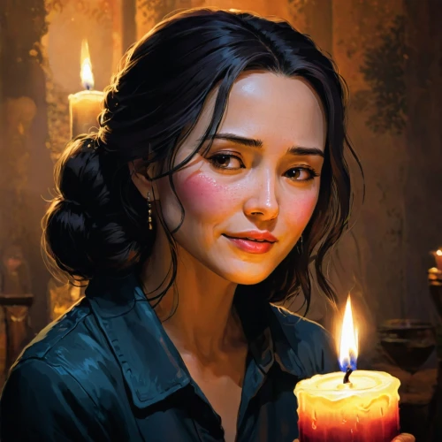 candlelit,katniss,romantic portrait,teodorescu,candle,burning candle,candle light,candlelights,candlelight,candlemaker,rosita,arwen,a candle,candle wick,lighted candle,fantasy portrait,valentine candle,black candle,candelight,candleholder,Illustration,American Style,American Style 12