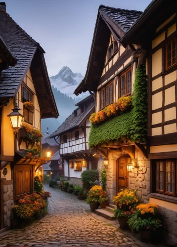 alpine village,grindelwald,mountain village,half-timbered houses,zermatt,suiza,hallstatt,switzerland,murren,auberge,mountain settlement,timber framed building,switzerlands,medieval street,half-timbered house,knight village,bernese highlands,timbered,wooden houses,escher village,Illustration,Japanese style,Japanese Style 05