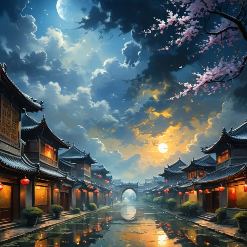 world digital painting,mid-autumn festival,fantasy landscape,asian architecture,oriental,qingcheng,fantasy picture,japan landscape,japanese art,japon,lanterns,oriental painting,qibao,beautiful japan,suzhou,landscape background,the mystical path,shaoming,wuzhen,shuozhou,Conceptual Art,Fantasy,Fantasy 12