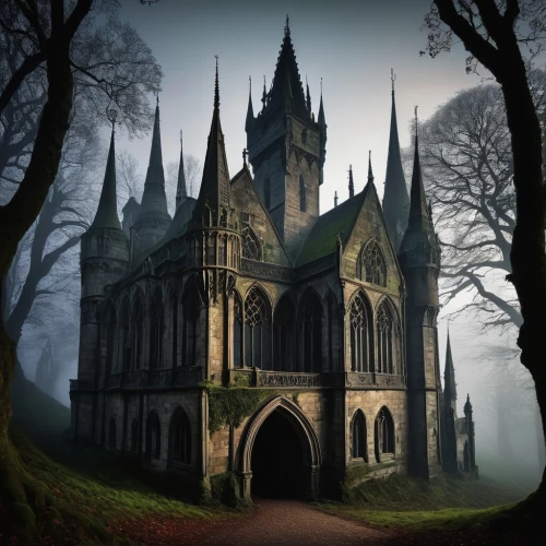 haunted cathedral,gothic church,gothic style,ravenloft,gothic,ghost castle,nidaros cathedral,neogothic,the black church,haunted castle,black church,gothicus,witch's house,cathedral,the haunted house,dark gothic mood,castle of the corvin,witch house,gothic portrait,haunted house,Illustration,Abstract Fantasy,Abstract Fantasy 03