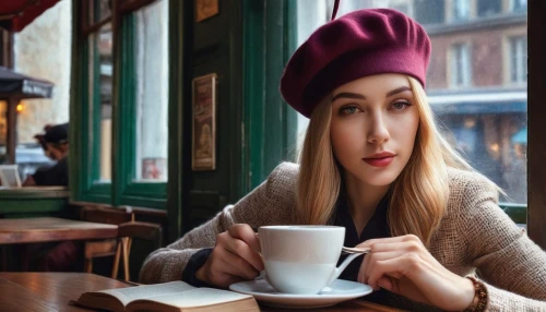 woman drinking coffee,parisian coffee,woman at cafe,girl wearing hat,paris cafe,cappuccino,café au lait,blonde woman reading a newspaper,beret,french coffee,coffee background,women at cafe,cappuccinos,parisienne,cappucino,drinking coffee,espresso,cuppa,coffeehouses,coffee and books,Conceptual Art,Daily,Daily 32