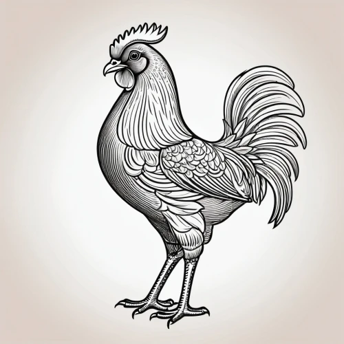 cockerel,coq,vintage rooster,hen,portrait of a hen,pitcock,pajarito,paumanok,cockaigne,landfowl,bantam,pullet,cockspur,phoenix rooster,polish chicken,leghorn,gallo,henpecked,rooster,cockbain,Illustration,Black and White,Black and White 04