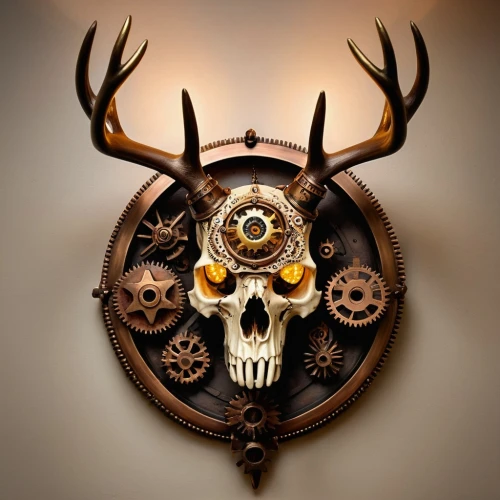 wall clock,skull sculpture,cuckoo clock,wall decoration,boho skull,steampunk gears,tock,skull with crown,wall decor,cuckoo clocks,horology,door wreath,skull mask,buck antlers,head plate,sloviter,zodiac,wall light,deadbolt,sconce,Illustration,Realistic Fantasy,Realistic Fantasy 13