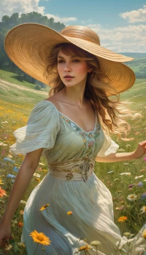 countrywomen,countrywoman,girl picking flowers,girl in flowers,springtime background,girl in the garden,shepherdess,little girl in wind,yellow sun hat,walking in a spring,country dress,countrygirl,lughnasa,the hat of the woman,girl in a long dress,spring background,fantasy picture,meadow landscape,celtic woman,primavera,Conceptual Art,Fantasy,Fantasy 05