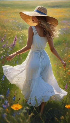 walking in a spring,yellow sun hat,girl walking away,woman walking,little girl in wind,summer meadow,countrywoman,girl in flowers,meadows of dew,meadow play,gekas,high sun hat,girl picking flowers,blooming field,girl in the garden,heatherley,springtime background,sun hat,fantasy picture,meadow,Conceptual Art,Daily,Daily 32