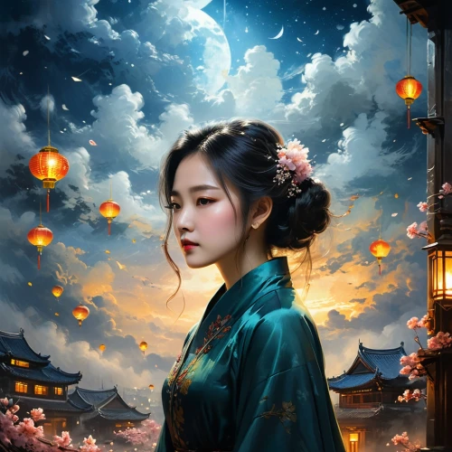 hanfu,chuseok,sanxia,geiko,geisha,geisha girl,rongfeng,oriental princess,zhiyuan,hanbok,daiyu,mystical portrait of a girl,fantasy portrait,oriental girl,japanese art,yanzhao,yunwen,lanterns,zhiwen,qiwen,Conceptual Art,Fantasy,Fantasy 12