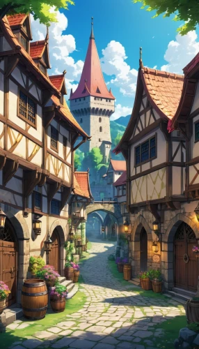 medieval town,medieval street,highstein,knight village,townscapes,medieval market,banneret,oktoberfest background,townsmen,escher village,alpine village,tavern,rattay,rodenburg,alsace,medieval,marketplace,townsquare,auberge,rathskeller,Illustration,Japanese style,Japanese Style 03