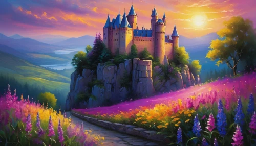 fairy tale castle,fairytale castle,fantasy landscape,purple landscape,fantasy picture,knight's castle,disney castle,fairy tale,hogwarts,fairytale,castle,cinderella's castle,a fairy tale,sleeping beauty castle,rapunzel,fantasy world,3d fantasy,fairyland,nargothrond,fairy world,Conceptual Art,Daily,Daily 32