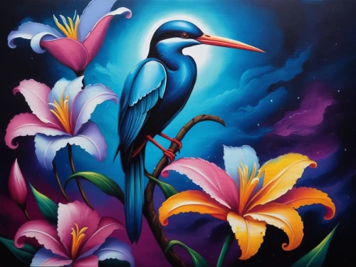 bird painting,tropical birds,colorful birds,flower and bird illustration,oil painting on canvas,bird flower,bird of paradise,egretta,flower painting,tropical bird,flowerpeckers,oil painting,flamingo,flamencos,tropical bloom,oil on canvas,flora,cuba flamingos,flamingos,blue birds and blossom,Illustration,Realistic Fantasy,Realistic Fantasy 25