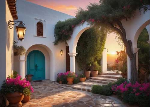 greek island door,archways,houses clipart,exterior decoration,beautiful home,home landscape,greek island,doorways,riad,greece,masseria,provencal,greek islands,grecia,adobes,the threshold of the house,cortile,dodecanese,guesthouses,holiday villa,Illustration,Realistic Fantasy,Realistic Fantasy 25