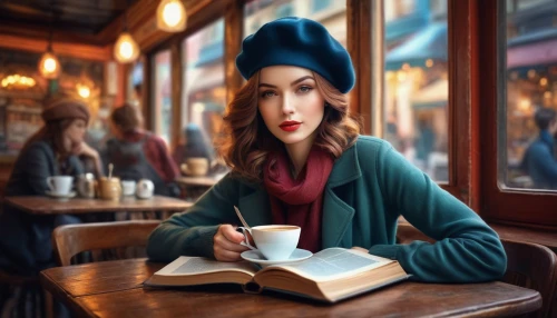 woman drinking coffee,woman at cafe,parisian coffee,coffee and books,women at cafe,tea and books,vintage woman,paris cafe,girl studying,world digital painting,the coffee shop,coffee shop,coffee background,coffeeshop,coffeehouses,woman with ice-cream,girl wearing hat,victorian lady,watercolor cafe,coffee tea illustration,Conceptual Art,Daily,Daily 32