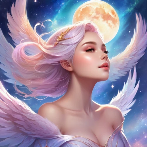 fantasy portrait,fairy galaxy,angel,celestial,angel wing,anjo,zodiac sign libra,angel girl,angel wings,celestial body,faerie,faery,winged heart,rosa 'the fairy,moonchild,virgo,fantasy art,diwata,baroque angel,angelic,Illustration,Realistic Fantasy,Realistic Fantasy 01