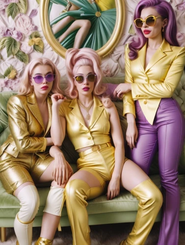 bananarama,fembots,lachapelle,austra,retro women,pantsuits,chromatics,gold and purple,temptresses,vintage girls,purple and gold,velvelettes,electropop,vintage fashion,fiorucci,fashion dolls,gold-pink earthy colors,pearlescent,wild orchid,seventies