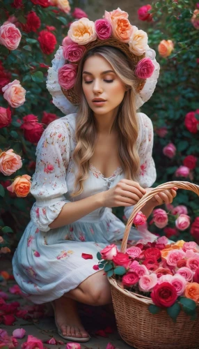 beautiful girl with flowers,girl in flowers,girl picking flowers,flowers in basket,blooming roses,flower basket,picking flowers,girl in the garden,holding flowers,with roses,scent of roses,flamenca,splendor of flowers,flower hat,flower background,old country roses,flower painting,spray roses,vintage flowers,way of the roses,Conceptual Art,Daily,Daily 32