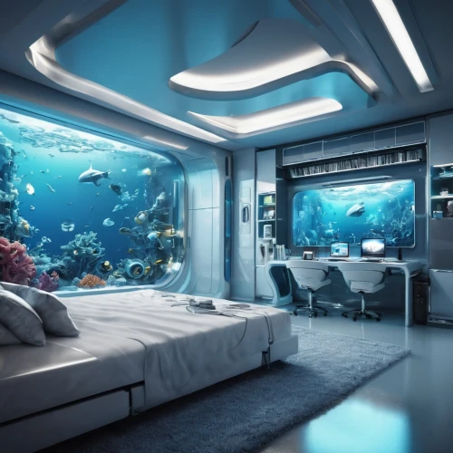 aquarium,underwater playground,sleeping room,underwater background,fish tank,ocean underwater,marine tank,deep ocean,seaquarium,aquariums,staterooms,seasteading,underwater oasis,underwater landscape,ocean paradise,underwater world,modern room,aquatic life,stateroom,electrohome,Conceptual Art,Sci-Fi,Sci-Fi 03