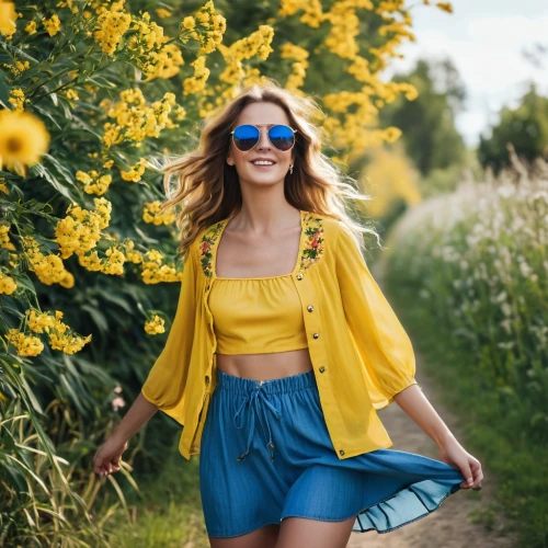 yellow and blue,yellow daisies,yellow jumpsuit,girl in flowers,beautiful girl with flowers,helianthus sunbelievable,yellow,yellow sun hat,women fashion,blue daisies,yellow color,daisies,yellow purse,bright flowers,walking in a spring,yellow flowers,sunflower lace background,cheerful,women clothes,sun daisies,Photography,General,Realistic