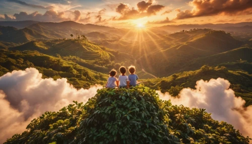 tailandia,above the clouds,heavenward,vietnam,indonesia,mountain sunrise,travelers,heavenly ladder,philippines scenery,heaven gate,sea of clouds,hikers,mountain hiking,hawaii,philippines,stairway to heaven,jeju island,loving couple sunrise,beautiful landscape,rice mountain,Illustration,Realistic Fantasy,Realistic Fantasy 02