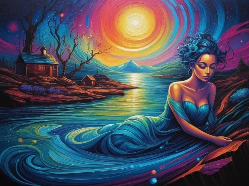 dubbeldam,oil painting on canvas,sirena,dream art,welin,fantasy art,art painting,oshun,amphitrite,mother earth,atlantica,boho art,dreamtime,girl on the river,ayahuasca,aquarius,pintura,fantasy picture,inanna,shamanic,Illustration,Realistic Fantasy,Realistic Fantasy 25