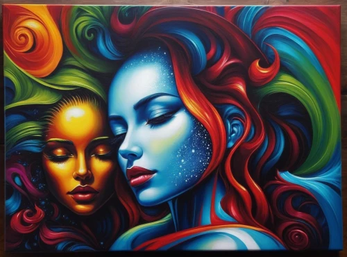 oil painting on canvas,garamantes,amantes,vibrantly,priestesses,two girls,art painting,reinas,temptresses,companias,swirlgirls,rhinemaidens,sapphic,pintura,matriarchs,complexions,bodypainting,pinturas,muses,vivants,Illustration,Realistic Fantasy,Realistic Fantasy 25