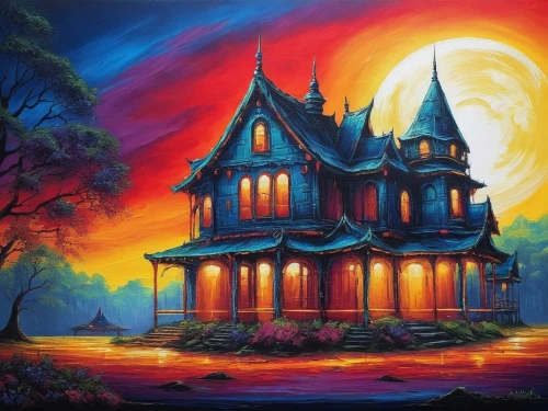 witch's house,the haunted house,haunted house,house silhouette,ghost castle,lonely house,witch house,haunted castle,house in the forest,house painting,victorian house,dreamhouse,fairy tale castle,creepy house,ancient house,fairytale castle,crispy house,halloween background,fantasy picture,castlevania,Illustration,Realistic Fantasy,Realistic Fantasy 25