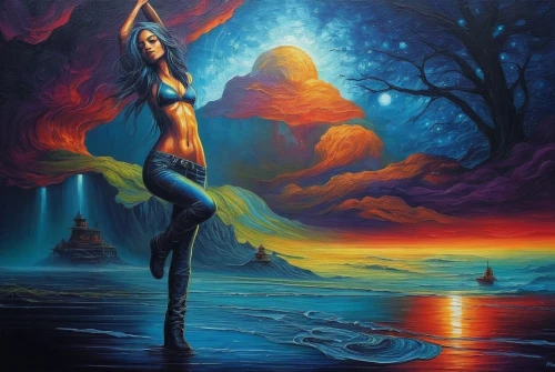 fantasy picture,fantasy art,sirena,fire dancer,mermaid background,colorful background,sundancer,beltane,varekai,neon body painting,sun salutation,bohemian art,aquarius,samuil,surya namaste,kundalini,fantasia,ishvara,mantra om,dubbeldam,Illustration,Realistic Fantasy,Realistic Fantasy 25