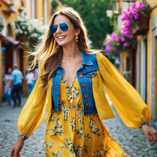 yellow jumpsuit,yellow and blue,yellow purse,travel woman,sonrisa,vibrant color,menswear for women,yellow daisies,colorful floral,yellow,women fashion,women clothes,marzia,woman walking,sprint woman,blue floral,sarikaya,yellow color,edyta,yellow wall,Photography,General,Realistic