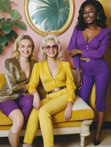 bananarama,yellow jumpsuit,purple and gold,pantsuits,retro women,gold and purple,yellow background,business women,menswear for women,spiceworld,stereogum,social,fembots,vintage fashion,velvelettes,popmatters,wta,jumpsuit,purple background,vandellas