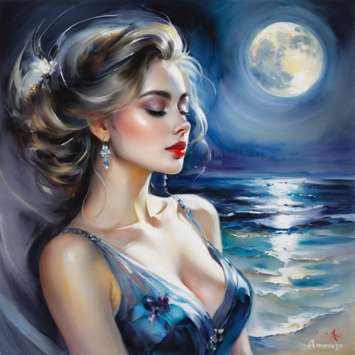 blue moon rose,moonlit night,blue moon,moonlighted,moonlit,moon shine,moonbeam,lady of the night,moonbeams,world digital painting,romantic portrait,full moon,moondance,queen of the night,moon night,fantasy art,the sea maid,dreamlover,moonshining,retro pin up girl,Illustration,Paper based,Paper Based 11