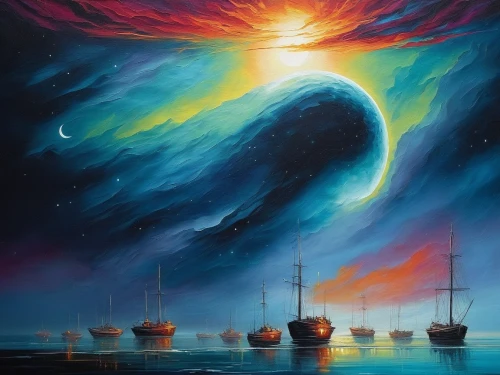 space art,fantasy picture,sun moon,fantasy art,crescent moon,dream art,moon and star background,world digital painting,dreamscapes,eclipse,fantasy landscape,oil painting on canvas,hanging moon,solar eclipse,eclipsed,sun and moon,phase of the moon,dreamscape,astronomy,nibiru,Illustration,Realistic Fantasy,Realistic Fantasy 25