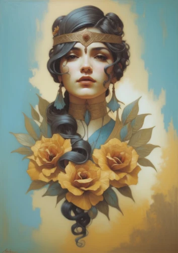 viveros,golden wreath,girl in a wreath,baoshun,yellow rose,gold yellow rose,oshun,tretchikoff,persephone,solar plexus chakra,golden crown,transistor,gold flower,heatherley,yellow roses,yellow rose background,gardenias,golden flowers,mystical portrait of a girl,wreath of flowers,Illustration,Realistic Fantasy,Realistic Fantasy 28