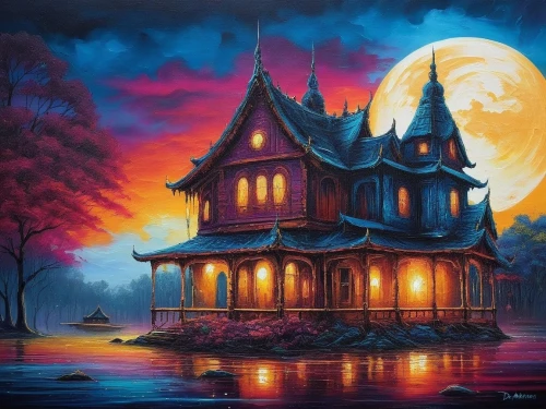 witch's house,the haunted house,haunted house,dreamhouse,witch house,lonely house,wooden house,fairy tale castle,fantasy picture,house in the forest,fairytale castle,house with lake,house silhouette,haunted castle,ancient house,victorian house,little house,house painting,ghost castle,house by the water,Illustration,Realistic Fantasy,Realistic Fantasy 25
