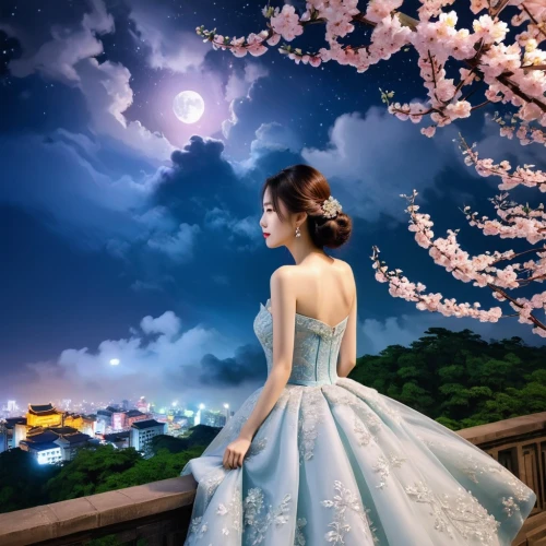 blue moon rose,japanese sakura background,moonlit night,night-blooming jasmine,hanfu,fantasy picture,bridal dress,the cherry blossoms,apricot blossom,wedding dress,the plum flower,bridal gown,plum blossom,cherry blossoms,oriental princess,cherry blossom,xueying,photo manipulation,landscape background,moonlit,Photography,Fashion Photography,Fashion Photography 12