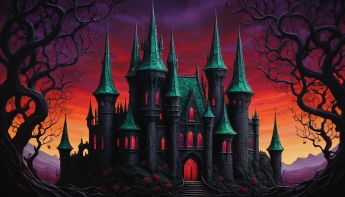 fairy tale castle,castlevania,haunted castle,halloween background,castle of the corvin,haunted cathedral,witch's house,fairytale castle,ghost castle,halloween wallpaper,halloween poster,ravenloft,disney castle,the haunted house,cinderella's castle,castle,witch house,house silhouette,strahd,knight's castle,Illustration,Abstract Fantasy,Abstract Fantasy 19