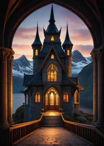 fairy tale castle,fairytale castle,witch's house,house silhouette,gondolin,stave church,fairy tale,fantasy picture,hogwarts,rivendell,erebor,fantasy landscape,the threshold of the house,cartoon video game background,wooden church,ravenloft,fairytale,castle of the corvin,nargothrond,a fairy tale,Illustration,Abstract Fantasy,Abstract Fantasy 12