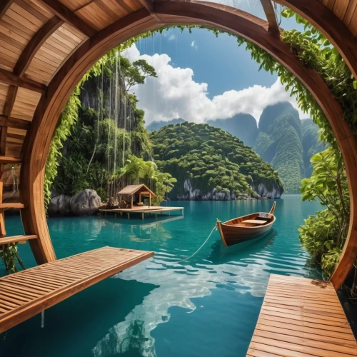 floating huts,tailandia,cave on the water,boat landscape,over water bungalows,wooden boat,southeast asia,thailand,tree house hotel,moorea,houseboats,underwater oasis,asian architecture,infinity swimming pool,thai,tropical island,boat rapids,wooden boats,vietnam,shaoming,Photography,General,Realistic