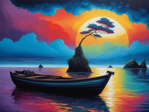 boat landscape,sea landscape,coastal landscape,sailing boat,fantasy picture,an island far away landscape,landscape background,fantasy landscape,floating island,seascape,sailboat,art painting,sailing blue purple,fantasy art,dreamscapes,sailing,landscape with sea,sail boat,boat on sea,oil painting on canvas,Illustration,Realistic Fantasy,Realistic Fantasy 25