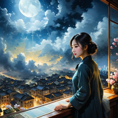 moonlit night,xueying,yanzhao,youliang,chuseok,suzong,jianying,wenzhao,rongfeng,hoshihananomia,sizhao,jianfeng,japanese woman,moonlighters,night-blooming jasmine,moonlit,huong,fantasy picture,japanese art,world digital painting,Conceptual Art,Fantasy,Fantasy 12