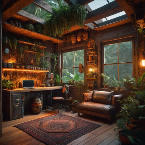 sunroom,conservatory,herbology,vivarium,cabin,garden shed,terrarium,sitting room,indoor,home interior,rustic aesthetic,living room,houseplants,study room,livingroom,great room,house plants,greenhouse,cabana,small cabin,Photography,General,Sci-Fi