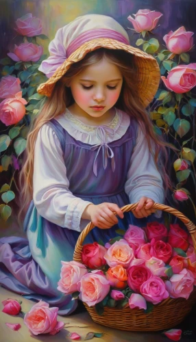 flower painting,girl picking flowers,oil painting on canvas,oil painting,girl in flowers,gekas,splendor of flowers,art painting,pittura,pintura,colorful roses,heatherley,picking flowers,little girl in pink dress,beautiful girl with flowers,italian painter,young girl,fabric painting,dmitriev,painter doll,Illustration,Realistic Fantasy,Realistic Fantasy 30