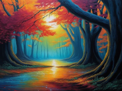 forest landscape,autumn forest,autumn landscape,forest background,autumn background,forest road,forest path,oil painting on canvas,dubbeldam,landscape background,nature background,nature landscape,fall landscape,fairytale forest,art painting,fantasy picture,autumn trees,autumn scenery,forest of dreams,row of trees,Illustration,Realistic Fantasy,Realistic Fantasy 25