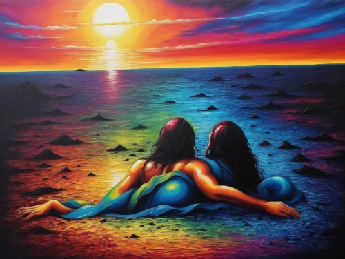 loving couple sunrise,ladyland,surrealism,sun and moon,surrealist,wlw,oil painting on canvas,surrealistic,dream art,bodypainting,parallel worlds,vivants,adam and eve,amantes,parallel world,indigenous painting,psychosynthesis,paschke,man and woman,mermaids,Illustration,Realistic Fantasy,Realistic Fantasy 25