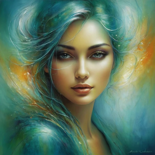 mystical portrait of a girl,fantasy portrait,fantasy art,blue enchantress,faery,amphitrite,romantic portrait,sirena,faerie,behenna,undine,boho art,world digital painting,elsa,fathom,turquoise,color turquoise,fairy peacock,naiad,chryste,Conceptual Art,Daily,Daily 32