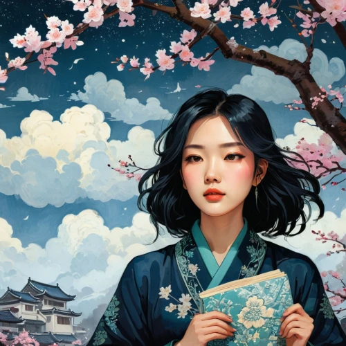 chuseok,japanese sakura background,geisha,kommuna,hanbok,yukata,mulan,kimono,longmei,oriental girl,geisha girl,yangmei,geiko,zhiyuan,sakura blossom,plum blossoms,yongmei,japanese woman,xiaofei,japanese art,Illustration,Black and White,Black and White 12