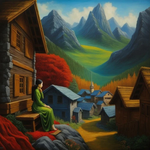 mountain scene,mountain village,alpine village,home landscape,rural landscape,mountain settlement,landscape background,village scene,mountain landscape,paisaje,church painting,world digital painting,fantasy picture,aurora village,agricultural scene,mountain huts,alpine landscape,escher village,mostovoy,alpine pastures,Illustration,Realistic Fantasy,Realistic Fantasy 08