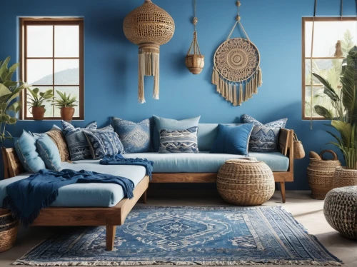 moroccan pattern,boho art style,boho art,blue room,interior decor,blue pillow,bohemian art,boho,decor,shades of blue,interior decoration,sitting room,decors,modern decor,interior design,contemporary decor,decoratifs,living room,blue lamp,blue painting,Photography,General,Realistic