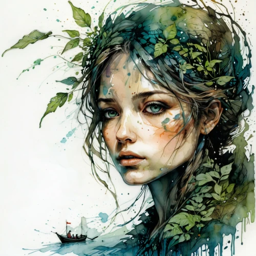 dryad,fairie,hoshihananomia,faery,watercolor,arrietty,dryads,seelie,watercolor painting,kommuna,girl with tree,faerie,girl in a wreath,margaery,watercolors,girl in flowers,watercolour paint,watercolor background,water colors,wilted,Illustration,Paper based,Paper Based 13