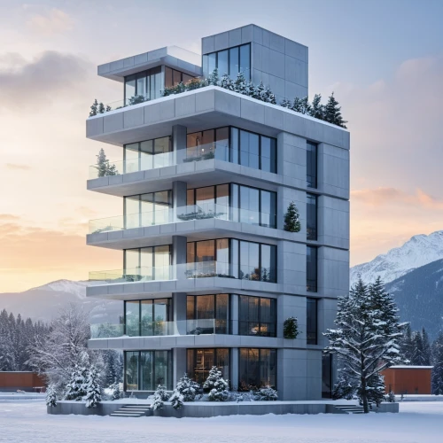 residential tower,winter house,immobilien,cubic house,modern house,modern architecture,alpine style,inmobiliarios,house in the mountains,inmobiliaria,swiss house,house in mountains,avalanche protection,davos,snow roof,glickenhaus,snow house,luxury property,beautiful home,apartment building,Photography,General,Realistic