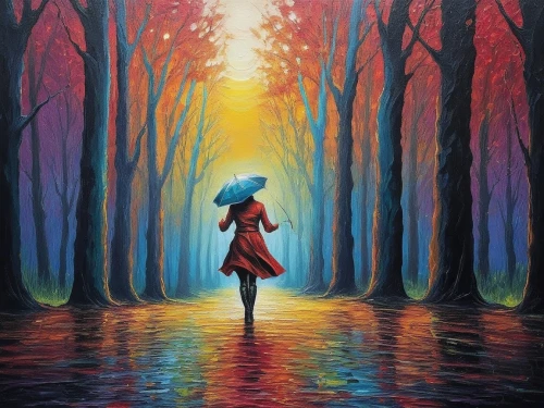 walking in the rain,woman walking,girl walking away,oil painting on canvas,dubbeldam,oil painting,girl with tree,art painting,walking in a spring,rainfall,the sun and the rain,girl in a long,oil on canvas,in the rain,man with umbrella,light rain,raincoat,ballerina in the woods,promenade,flooded pathway,Illustration,Realistic Fantasy,Realistic Fantasy 25