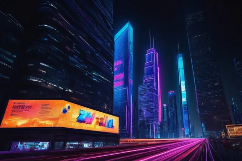 cybercity,guangzhou,colorful city,shanghai,city at night,cityscape,cyberpunk,colored lights,hypermodern,futuristic landscape,futuristic,neons,neon arrows,cybertown,makati,metropolis,tokyo city,cyberscene,fantasy city,cyberport,Illustration,Retro,Retro 19